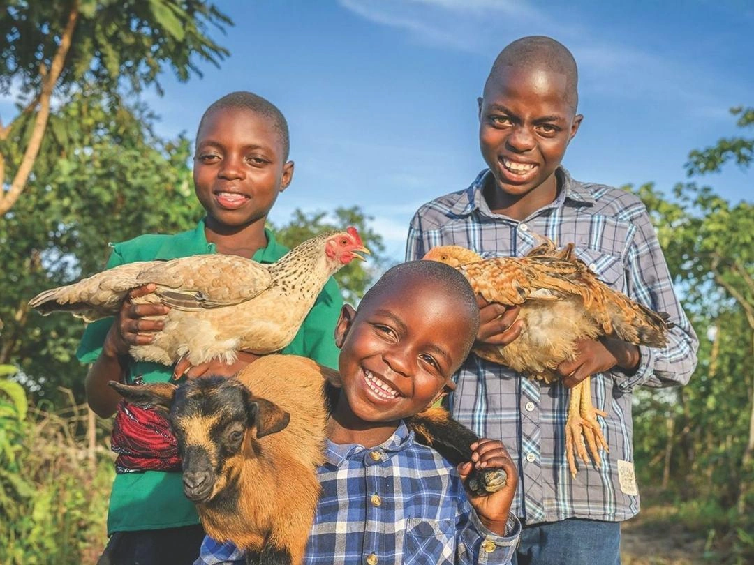 Three children smile with joy as they each hold a chicken.